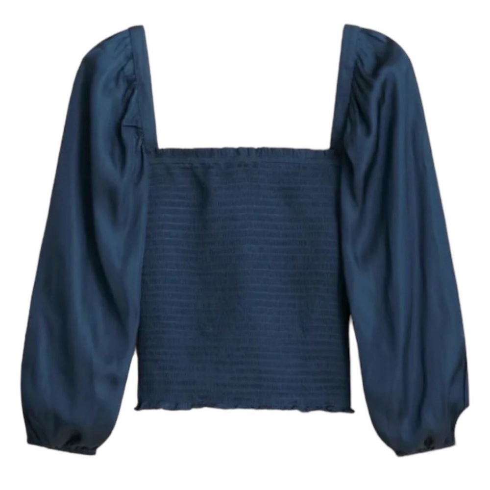 NWT- J.Crew square neck, smocked long sleeve satin, midnight blue, size Large